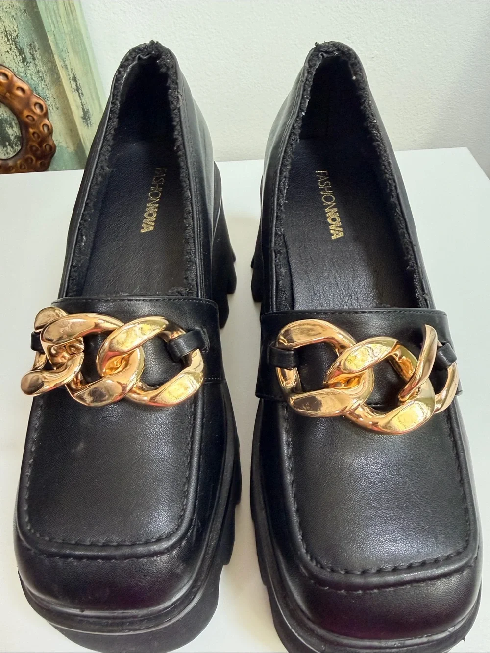 Fashion Nova Black Platform Loafers with Gold Chain